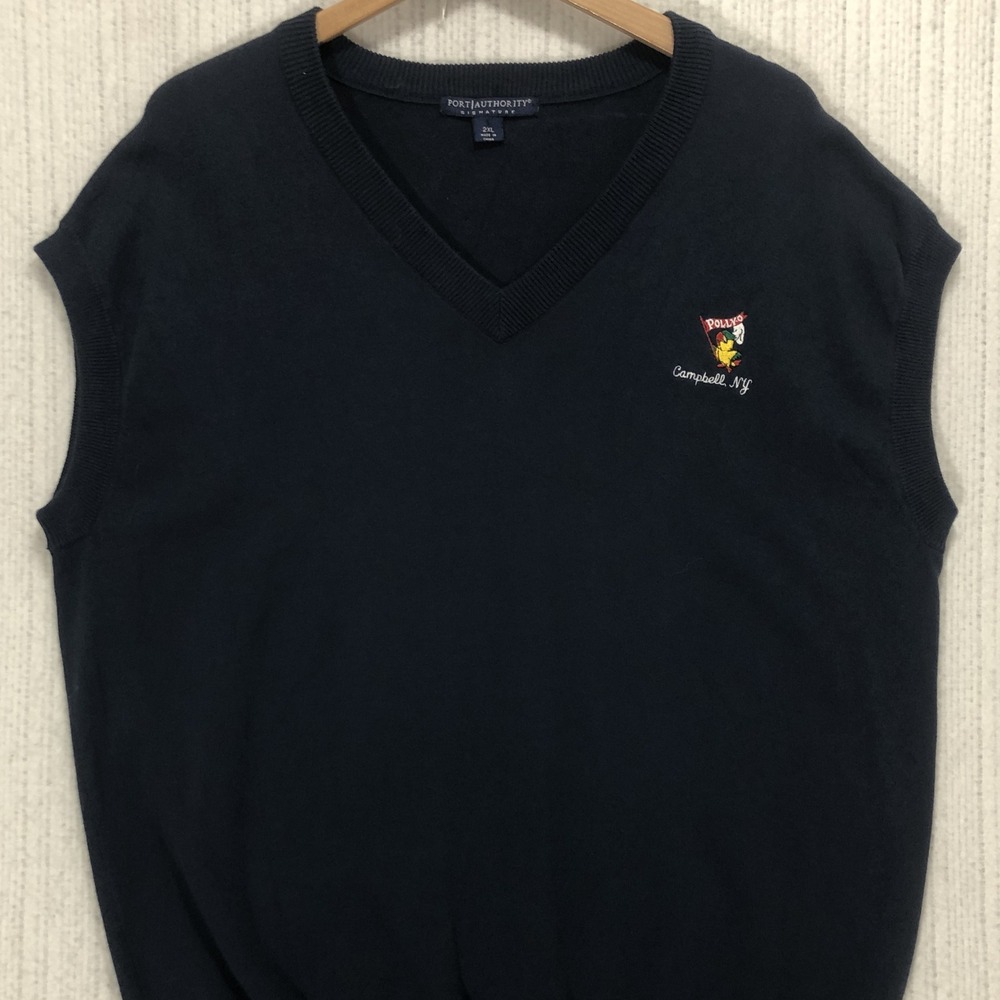 Port Authority Signature Mens 2XL Navy Blue Cotton V-Neck Sweater Vest Polly-O
